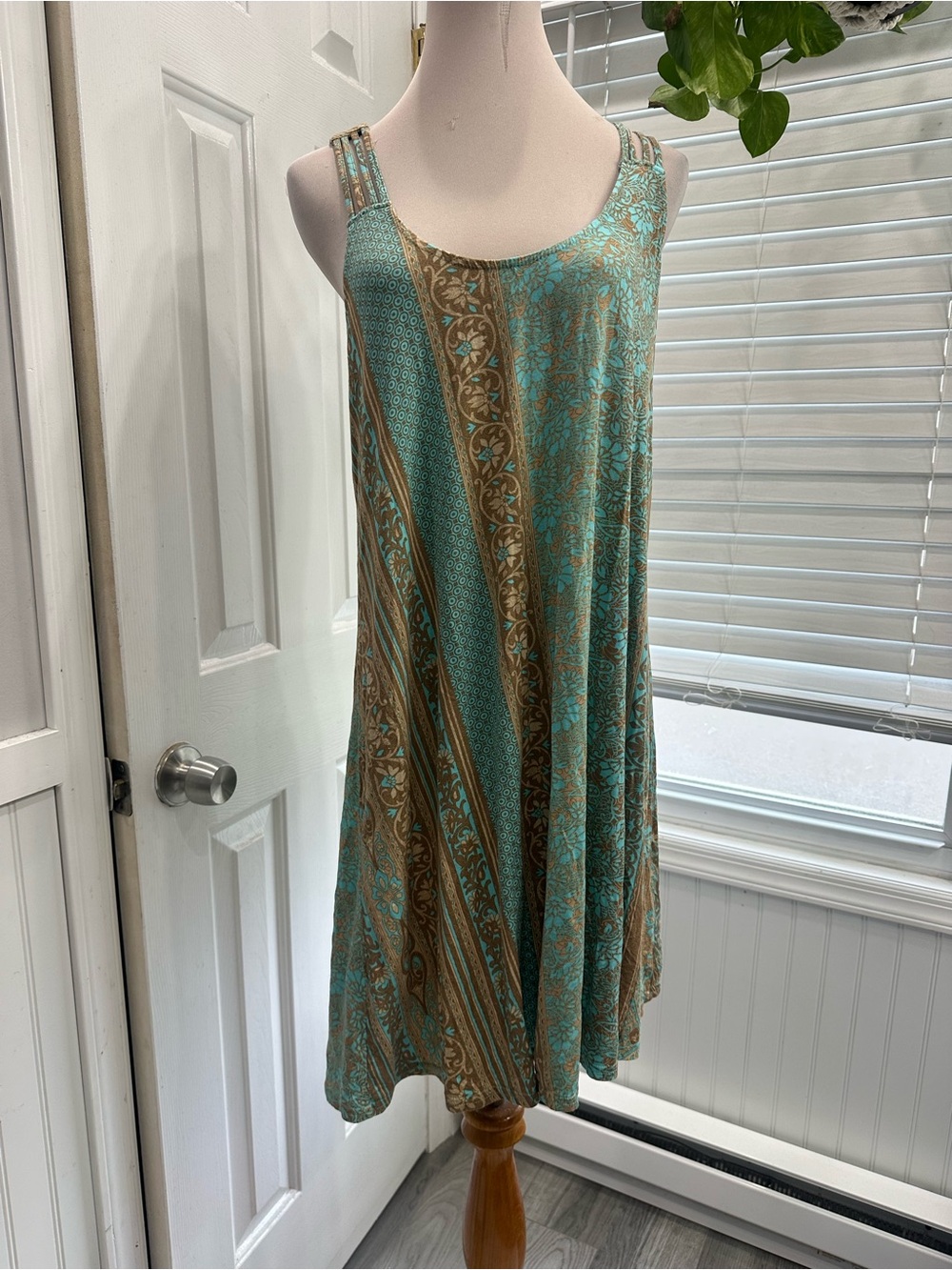 Lascana Boho Sleeveless Swing Dress in Teal and Brown